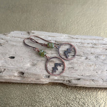 Load image into Gallery viewer, Mountain Silhouette earrings in rustic copper with green Czech glass beads - dangle earrings
