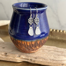 Load image into Gallery viewer, Sterling silver white sea glass earrings - silver scroll dangles