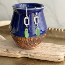 Load image into Gallery viewer, Sterling silver Kelly green sea glass earrings - silver rounded hammered oval dangles