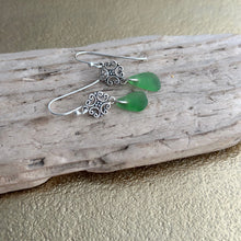 Load image into Gallery viewer, Sterling silver green sea glass earrings - silver scroll dangles