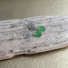 Load image into Gallery viewer, Sterling silver green sea glass earrings - silver scroll dangles
