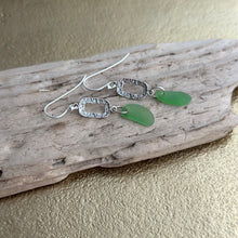 Load image into Gallery viewer, Sterling silver Kelly green sea glass earrings - silver rounded hammered oval dangles
