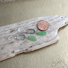 Load image into Gallery viewer, Sterling silver Kelly green sea glass earrings - silver rounded hammered oval dangles