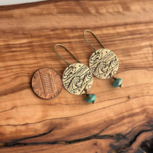 Load image into Gallery viewer, Ocean wave earrings - Gold textured bronze and Teal aqua Czech glass dangle Beach earrings
