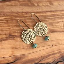 Load image into Gallery viewer, Ocean wave earrings - Gold textured bronze and Teal aqua Czech glass dangle Beach earrings