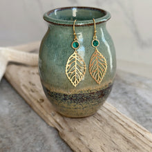 Load image into Gallery viewer, Gold leaf Earrings - Gold and Emerald Green glass dangle earrings