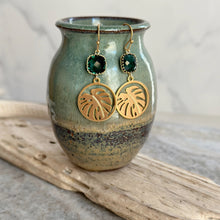 Load image into Gallery viewer, Monstera leaf Earrings - Gold and Emerald Green glass dangle earrings