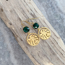 Load image into Gallery viewer, Monstera leaf Earrings - Gold and Emerald Green glass dangle earrings