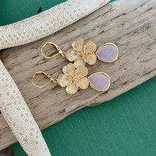 Load image into Gallery viewer, Cherry Blossom Earrings - Gold and Pale purple opal glass long dangle earrings