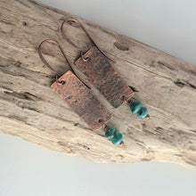 Load image into Gallery viewer, Copper textured rectangle dangle earrings with aqua teal Czech glass beads - rustic earrings