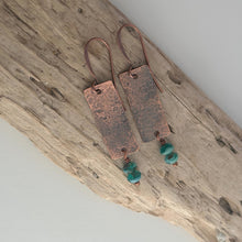 Load image into Gallery viewer, Copper textured rectangle dangle earrings with aqua teal Czech glass beads - rustic earrings