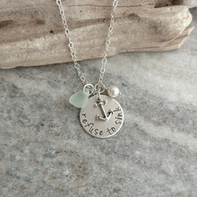 Load image into Gallery viewer, refuse to sink, Sterling silver, Hand Stamped, nautical anchor necklace with pearl, Beach Jewelry, genuine sea glass, hope, inspirational