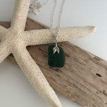 Load image into Gallery viewer, Sterling silver genuine sea glass necklace with mermaid whale tail bail, deep teal emerald