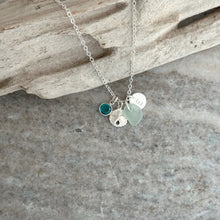Load image into Gallery viewer, Personalized Charm Necklace with Sterling Silver Sand Dollar genuine Sea Glass and Initial Charm Crystal Birthstone, Bridesmaid gift