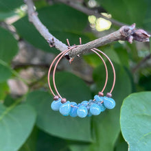 Load image into Gallery viewer, Blue green Glass Teardrop and Antiqued copper Hoops, Bohemian Earrings, Colored Drops, Ocean colored