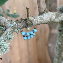 Load image into Gallery viewer, Blue green Glass Teardrop and Antiqued copper Hoops, Bohemian Earrings, Colored Drops, Ocean colored
