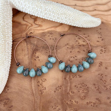 Load image into Gallery viewer, Blue green Glass Teardrop and Antiqued copper Hoops, Bohemian Earrings, Colored Drops, Ocean colored