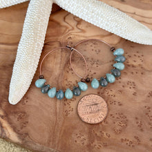 Load image into Gallery viewer, Blue green Glass Teardrop and Antiqued copper Hoops, Bohemian Earrings, Colored Drops, Ocean colored