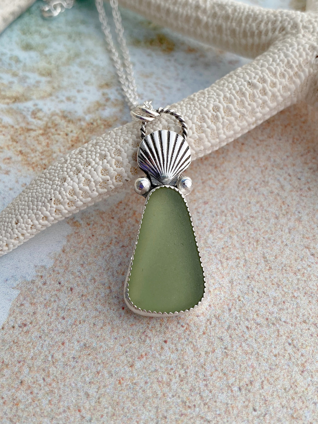 Spring green sea glass and scallop shell sterling silver necklace