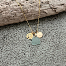 Load image into Gallery viewer, Charm Necklace with 14k Gold Filled Sand Dollar necklace Genuine Sea Glass and Initial Charm, personalized jewelry, Birthday gift for her