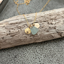 Load image into Gallery viewer, Charm Necklace with 14k Gold Filled Sand Dollar necklace Genuine Sea Glass and Initial Charm, personalized jewelry, Birthday gift for her