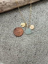 Load image into Gallery viewer, Charm Necklace with 14k Gold Filled Sand Dollar necklace Genuine Sea Glass and Initial Charm, personalized jewelry, Birthday gift for her