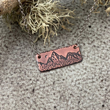 Load image into Gallery viewer, Copper Mountain range bar necklace with moon and stainless steel chain - mixed metal