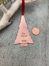 Load image into Gallery viewer, Rustic copper personalized skinny Christmas tree ornament

