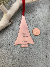 Load image into Gallery viewer, Rustic copper personalized skinny Christmas tree ornament