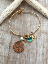Load image into Gallery viewer, Beach charm bracelet - gold tone bronze hook loop bracelet with anchor and compass charm, teal glass charm and pearl, nautical jewelry - Beach Cove Jewelry