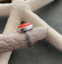 Load image into Gallery viewer, Carnelian Ring - Sterling silver with patterned band - US Size 6 - Orange gemstone Faceted rose cut ring