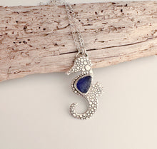 Load image into Gallery viewer, Sterling Silver Seahorse necklace with Cobalt Blue Genuine Sea Glass
