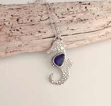 Load image into Gallery viewer, Sterling Silver Seahorse necklace with Cobalt Blue Genuine Sea Glass