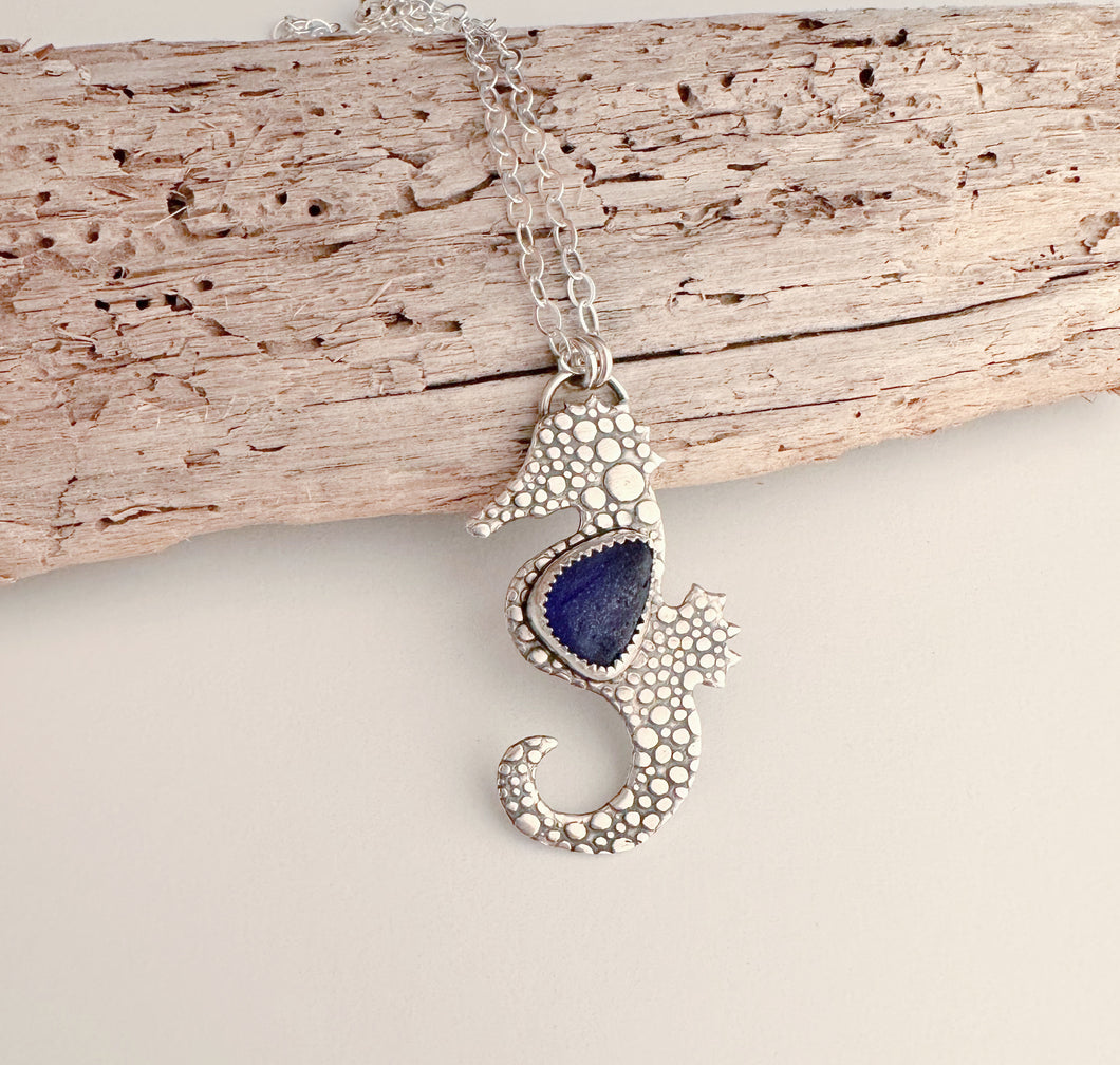 Sterling Silver Seahorse necklace with Cobalt Blue Genuine Sea Glass