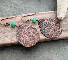 Load image into Gallery viewer, Rustic copper textured teardrop earrings with genuine Chrysophrase gemstones - green stone earrings