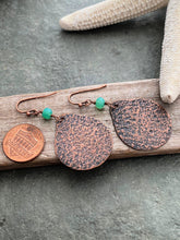 Load image into Gallery viewer, Rustic copper textured teardrop earrings with genuine Chrysophrase gemstones - green stone earrings