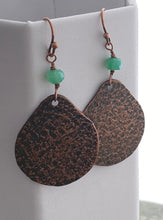 Load image into Gallery viewer, Rustic copper textured teardrop earrings with genuine Chrysophrase gemstones - green stone earrings