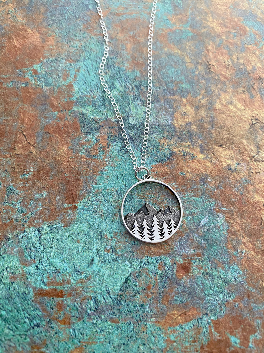 Sterling silver mountain range tree circle pendant necklace