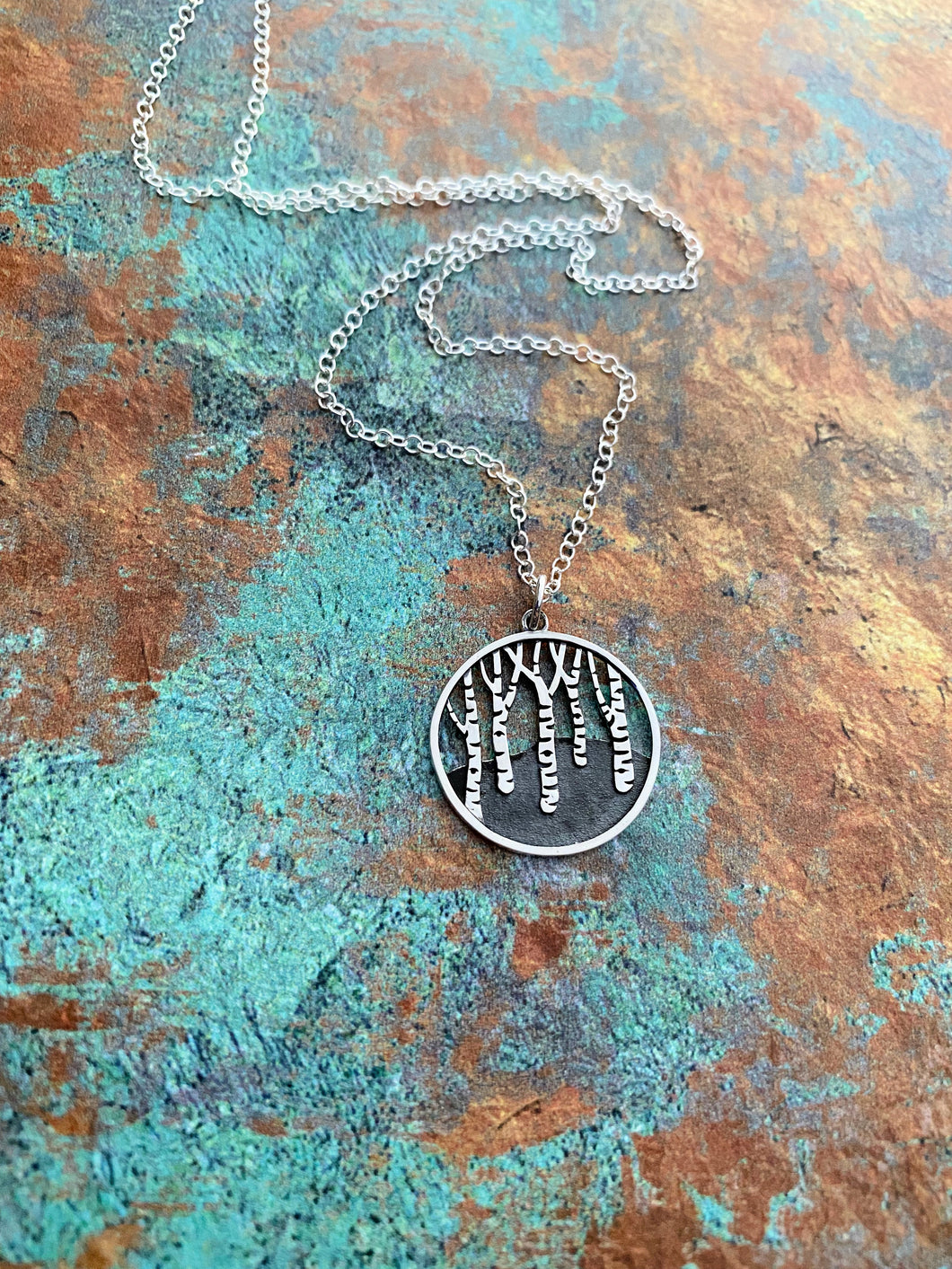 Birch Tree sterling silver circle pendant necklace