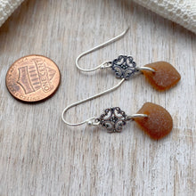 Load image into Gallery viewer, Sterling silver brown sea glass earrings - silver scroll dangles
