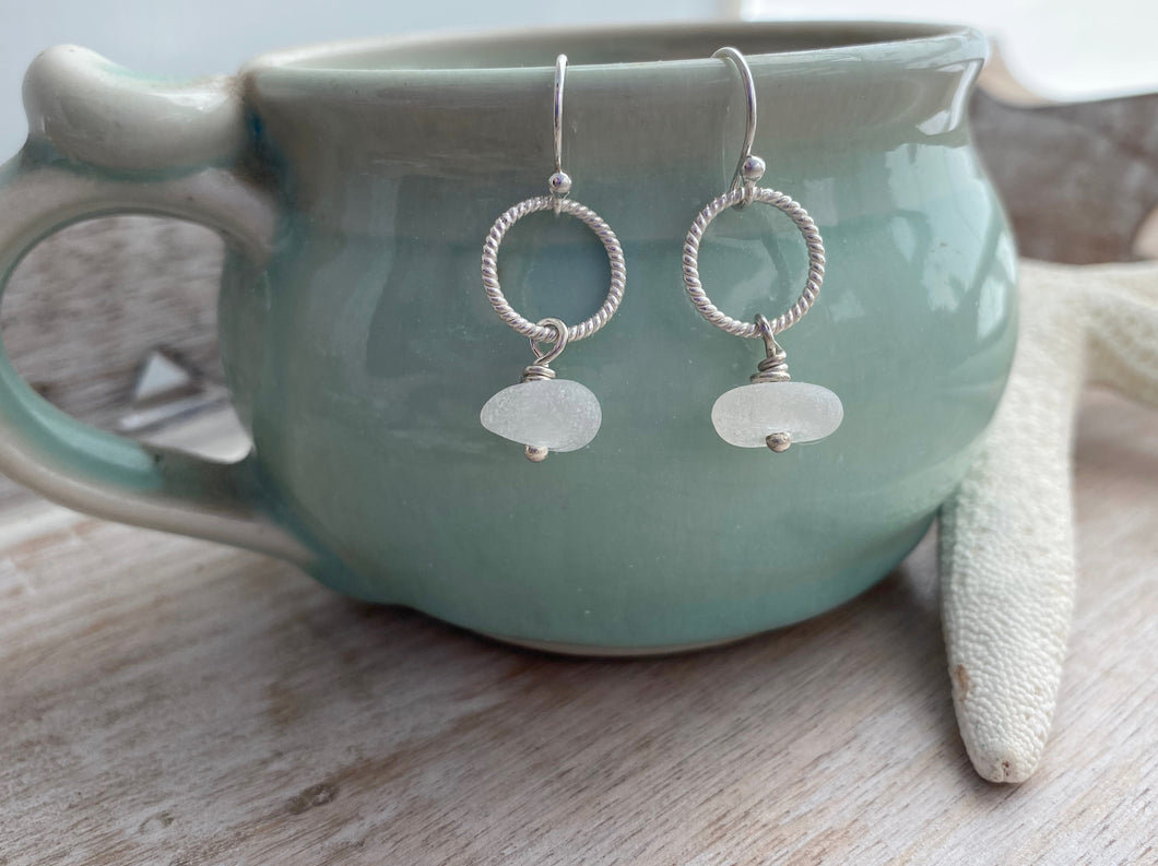 Sterling silver white genuine sea glass earrings - dangle earrings - modern circles