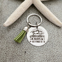 Load image into Gallery viewer, Adventure Awaits Go find it keychain - Mountain design stainless steel engraved key ring