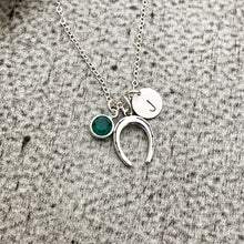 Load image into Gallery viewer, Sterling silver horseshoe charm necklace, Personalized initial disk, Swarovski crystal birthstone, hand stamped jewelry, lucky necklace