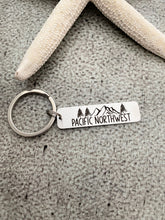 Load image into Gallery viewer, Pacific Northwest Keychain - Stainless steel engraved Bar Key Chain - PNW Trees and Mountains