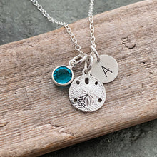 Load image into Gallery viewer, Sterling silver sand dollar Necklace with Hand stamped Initial letter disc and Swarovski Crystal Birthstone, Handmade