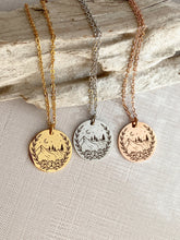 Load image into Gallery viewer, Floral Mountains, tree moon and stars Necklace - Birthday Gift for her - Stainless steel silver, rose gold, gold - gift for outdoor lover