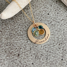 Load image into Gallery viewer, Hand Stamped Bronze Grandma Washer Necklace, 14k Gold filled chain Personalized with Swarovski Birthstones, Grandchildren, Grandmother