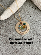 Load image into Gallery viewer, Hand Stamped Bronze Grandma Washer Necklace, 14k Gold filled chain Personalized with Swarovski Birthstones, Grandchildren, Grandmother