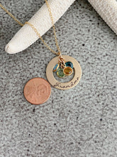 Load image into Gallery viewer, Hand Stamped Bronze Grandma Washer Necklace, 14k Gold filled chain Personalized with Swarovski Birthstones, Grandchildren, Grandmother