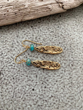 Load image into Gallery viewer, Mussel Shell Earrings - gold with aqua Czech glass beads - dangle earrings